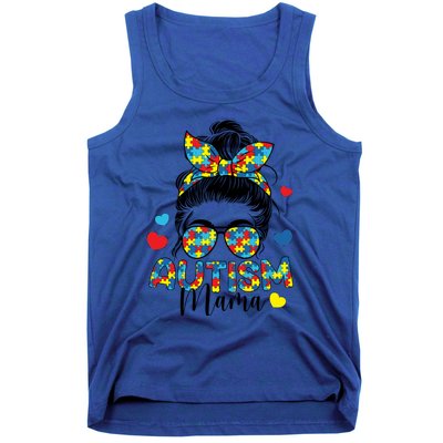 Autism Awareness Messy Bun Puzzle Piece Autism Mama Life Gift Tank Top