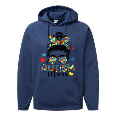 Autism Awareness Messy Bun Puzzle Piece Autism Mama Life Gift Performance Fleece Hoodie