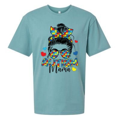 Autism Awareness Messy Bun Puzzle Piece Autism Mama Life Gift Sueded Cloud Jersey T-Shirt