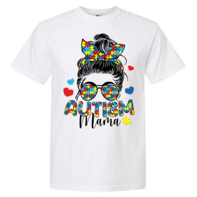 Autism Awareness Messy Bun Puzzle Piece Autism Mama Life Gift Garment-Dyed Heavyweight T-Shirt