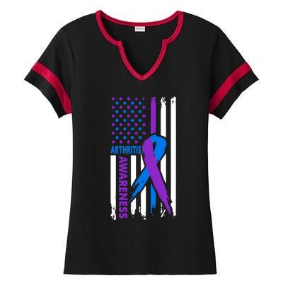 Arthritis Awareness Month Purple And Blue Ribbon American Flag Funny Gift Ladies Halftime Notch Neck Tee