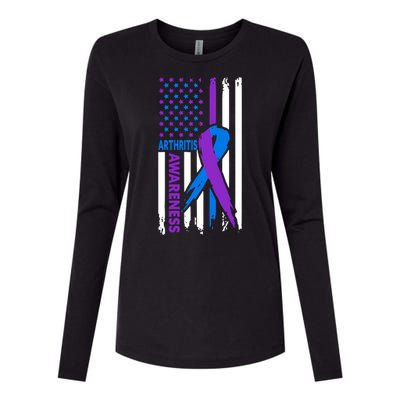 Arthritis Awareness Month Purple And Blue Ribbon American Flag Funny Gift Womens Cotton Relaxed Long Sleeve T-Shirt