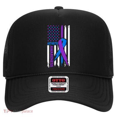 Arthritis Awareness Month Purple And Blue Ribbon American Flag Funny Gift High Crown Mesh Back Trucker Hat