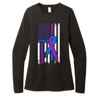 Arthritis Awareness Month Purple And Blue Ribbon American Flag Funny Gift Womens CVC Long Sleeve Shirt