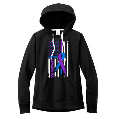 Arthritis Awareness Month Purple And Blue Ribbon American Flag Funny Gift Women's Fleece Hoodie