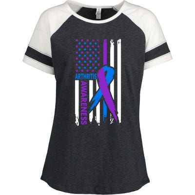 Arthritis Awareness Month Purple And Blue Ribbon American Flag Funny Gift Enza Ladies Jersey Colorblock Tee