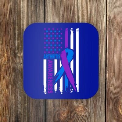 Arthritis Awareness Month Purple And Blue Ribbon American Flag Funny Gift Coaster