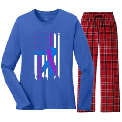 Arthritis Awareness Month Purple And Blue Ribbon American Flag Funny Gift Women's Long Sleeve Flannel Pajama Set 