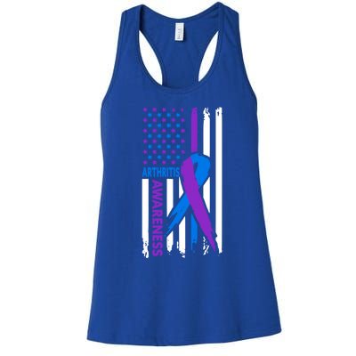 Arthritis Awareness Month Purple And Blue Ribbon American Flag Funny Gift Women's Racerback Tank