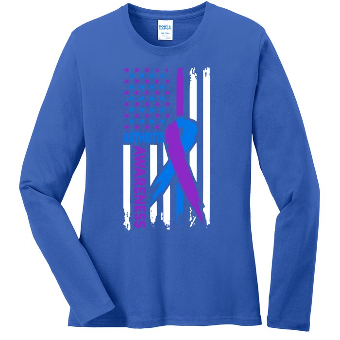 Arthritis Awareness Month Purple And Blue Ribbon American Flag Funny Gift Ladies Long Sleeve Shirt