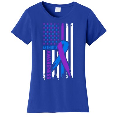 Arthritis Awareness Month Purple And Blue Ribbon American Flag Funny Gift Women's T-Shirt