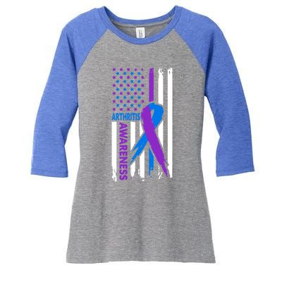 Arthritis Awareness Month Purple And Blue Ribbon American Flag Funny Gift Women's Tri-Blend 3/4-Sleeve Raglan Shirt