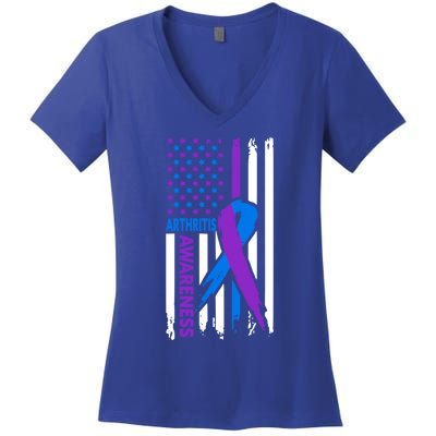 Arthritis Awareness Month Purple And Blue Ribbon American Flag Funny Gift Women's V-Neck T-Shirt