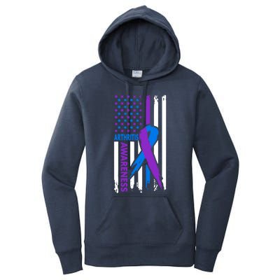 Arthritis Awareness Month Purple And Blue Ribbon American Flag Funny Gift Women's Pullover Hoodie