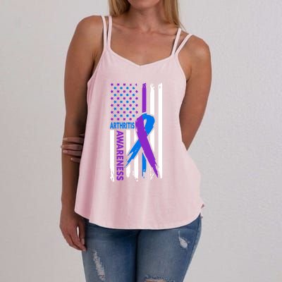 Arthritis Awareness Month Purple And Blue Ribbon American Flag Funny Gift Women's Strappy Tank