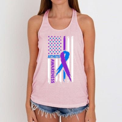 Arthritis Awareness Month Purple And Blue Ribbon American Flag Funny Gift Women's Knotted Racerback Tank