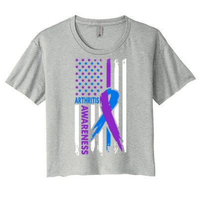 Arthritis Awareness Month Purple And Blue Ribbon American Flag Funny Gift Women's Crop Top Tee