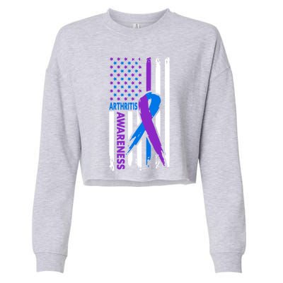 Arthritis Awareness Month Purple And Blue Ribbon American Flag Funny Gift Cropped Pullover Crew