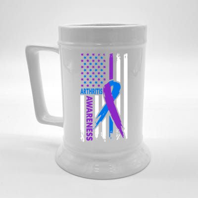 Arthritis Awareness Month Purple And Blue Ribbon American Flag Funny Gift Beer Stein