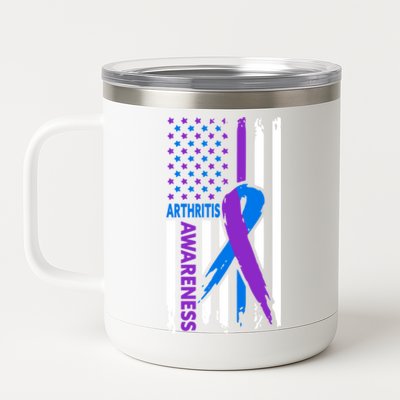 Arthritis Awareness Month Purple And Blue Ribbon American Flag Funny Gift 12 oz Stainless Steel Tumbler Cup