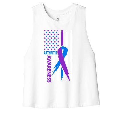 Arthritis Awareness Month Purple And Blue Ribbon American Flag Funny Gift Women's Racerback Cropped Tank