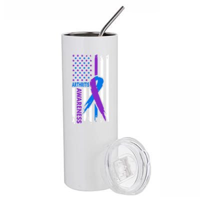 Arthritis Awareness Month Purple And Blue Ribbon American Flag Funny Gift Stainless Steel Tumbler