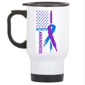 Arthritis Awareness Month Purple And Blue Ribbon American Flag Funny Gift Stainless Steel Travel Mug