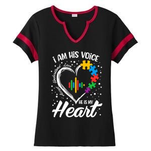 Autism Awareness Mom Gift I Am His Voice He Is My Heart Gift Ladies Halftime Notch Neck Tee