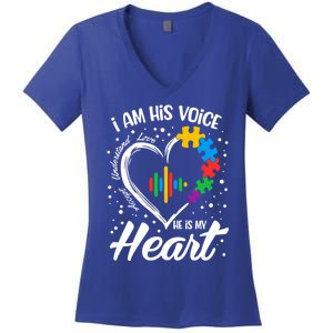 Autism Awareness Mom Gift I Am His Voice He Is My Heart Gift Women's V-Neck T-Shirt