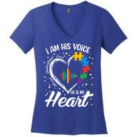 Autism Awareness Mom Gift I Am His Voice He Is My Heart Gift Women's V-Neck T-Shirt