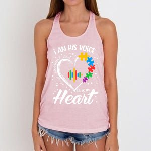 Autism Awareness Mom Gift I Am His Voice He Is My Heart Gift Women's Knotted Racerback Tank