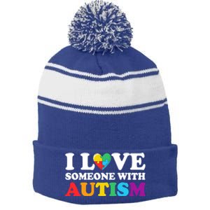 Autism Awareness Month Autism Mom I Love Someone With Autism Gift Stripe Pom Pom Beanie