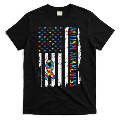 Autism Awareness Mom Dad USA flag Autistic Awareness Autism T-Shirt