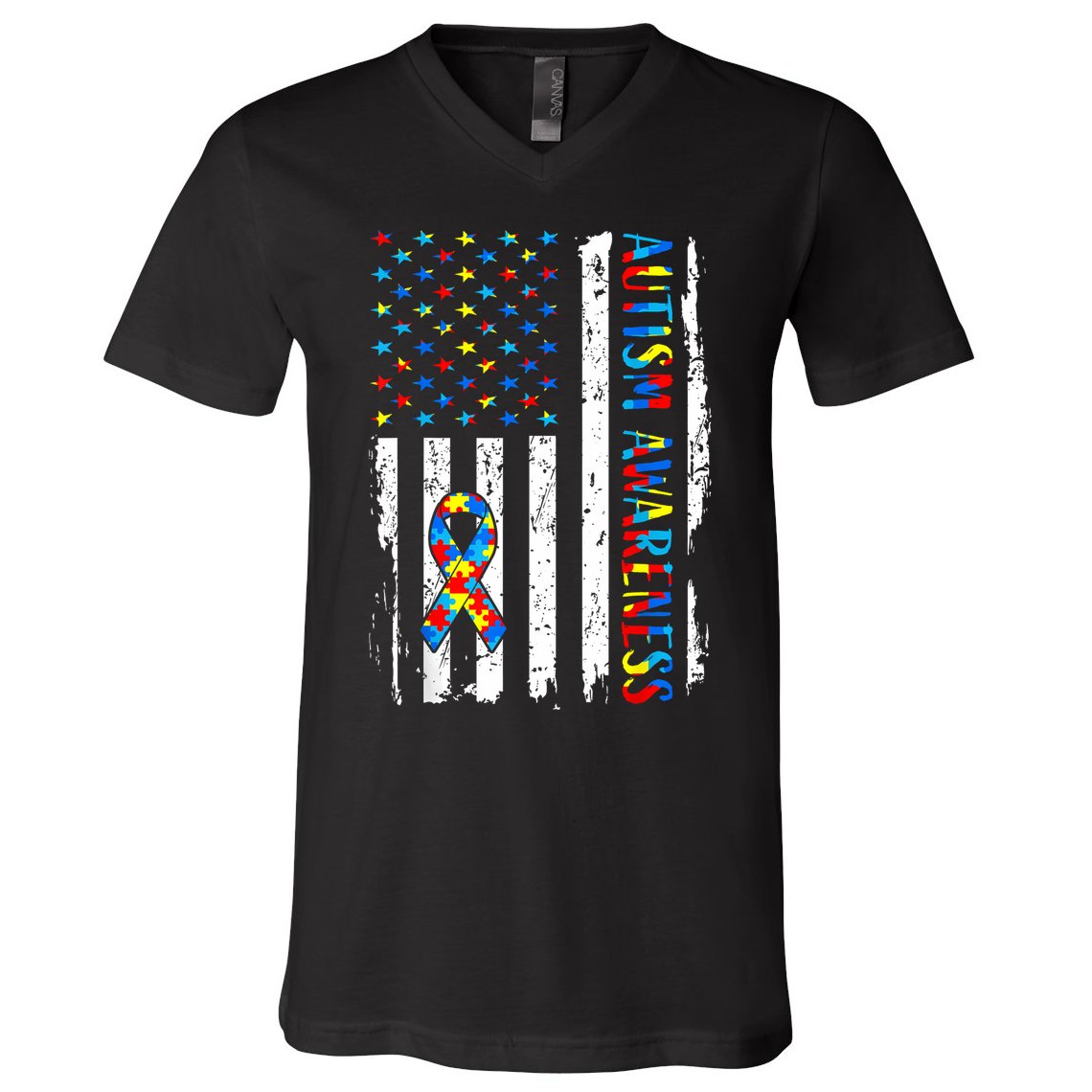 Autism Awareness Mom Dad USA flag Autistic Awareness Autism V-Neck T-Shirt