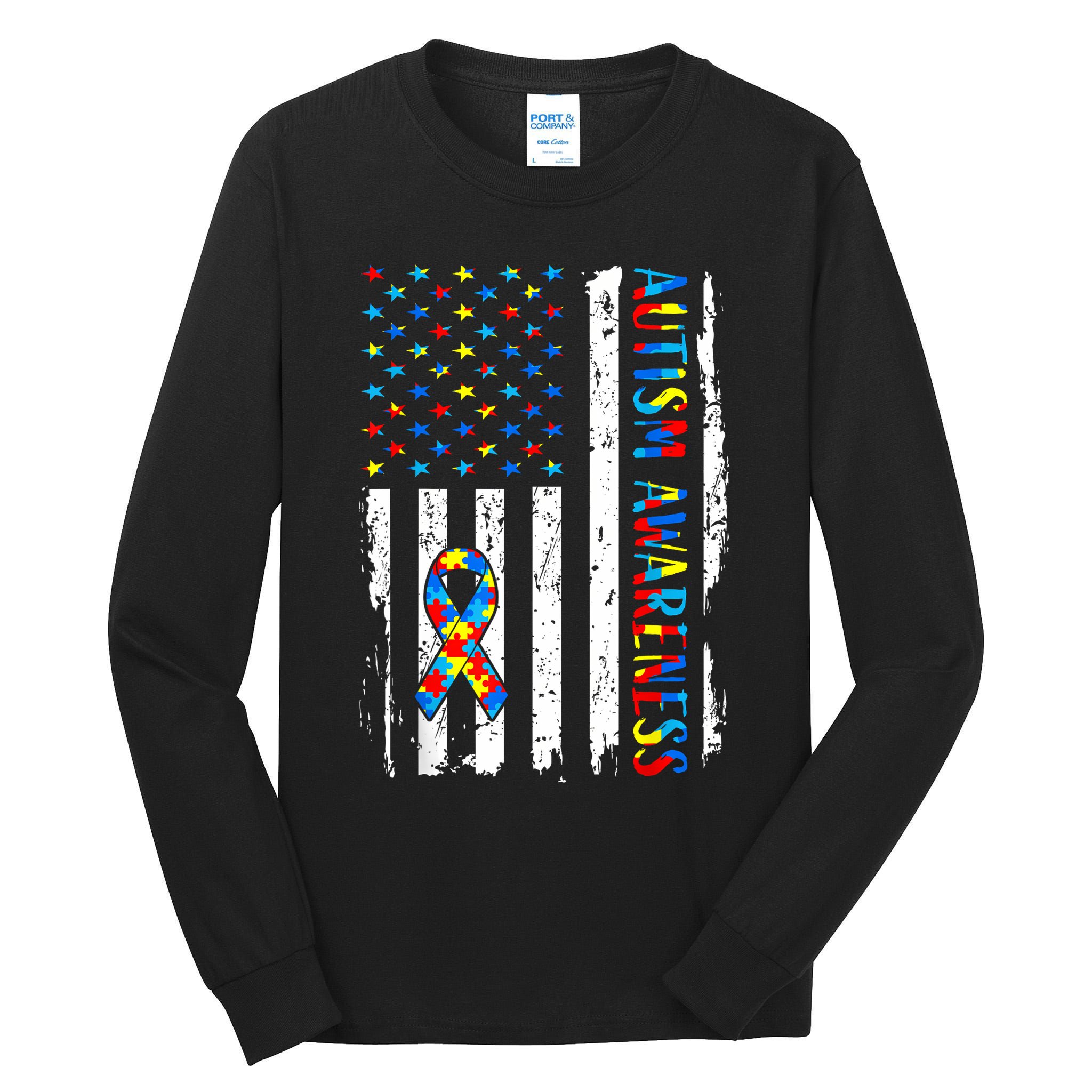Autism Awareness Mom Dad USA flag Autistic Awareness Autism Tall Long Sleeve T-Shirt