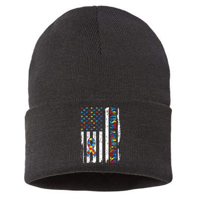 Autism Awareness Mom Dad USA flag Autistic Awareness Autism Sustainable Knit Beanie