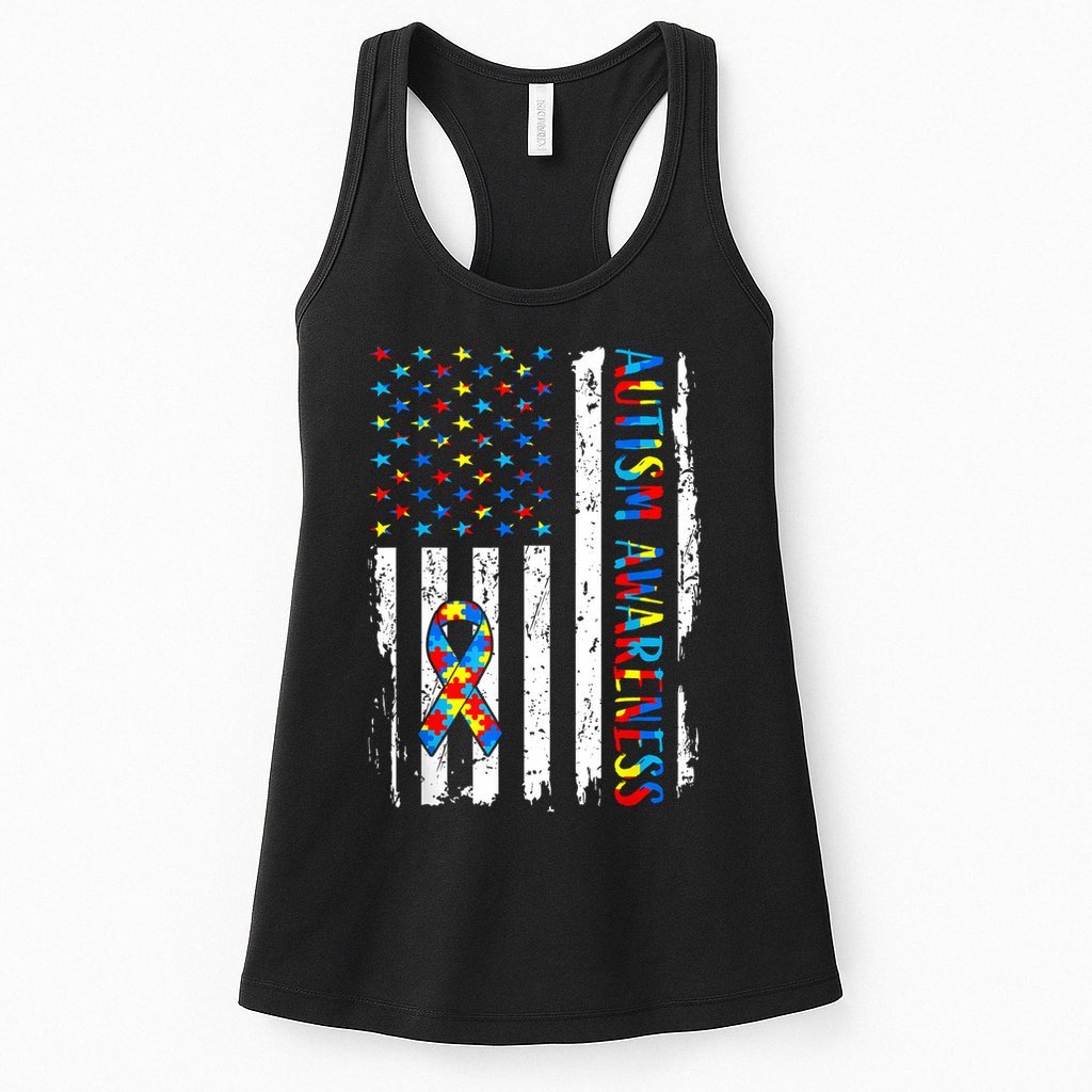 Autism Awareness Mom Dad USA flag Autistic Awareness Autism Womens Tank Top