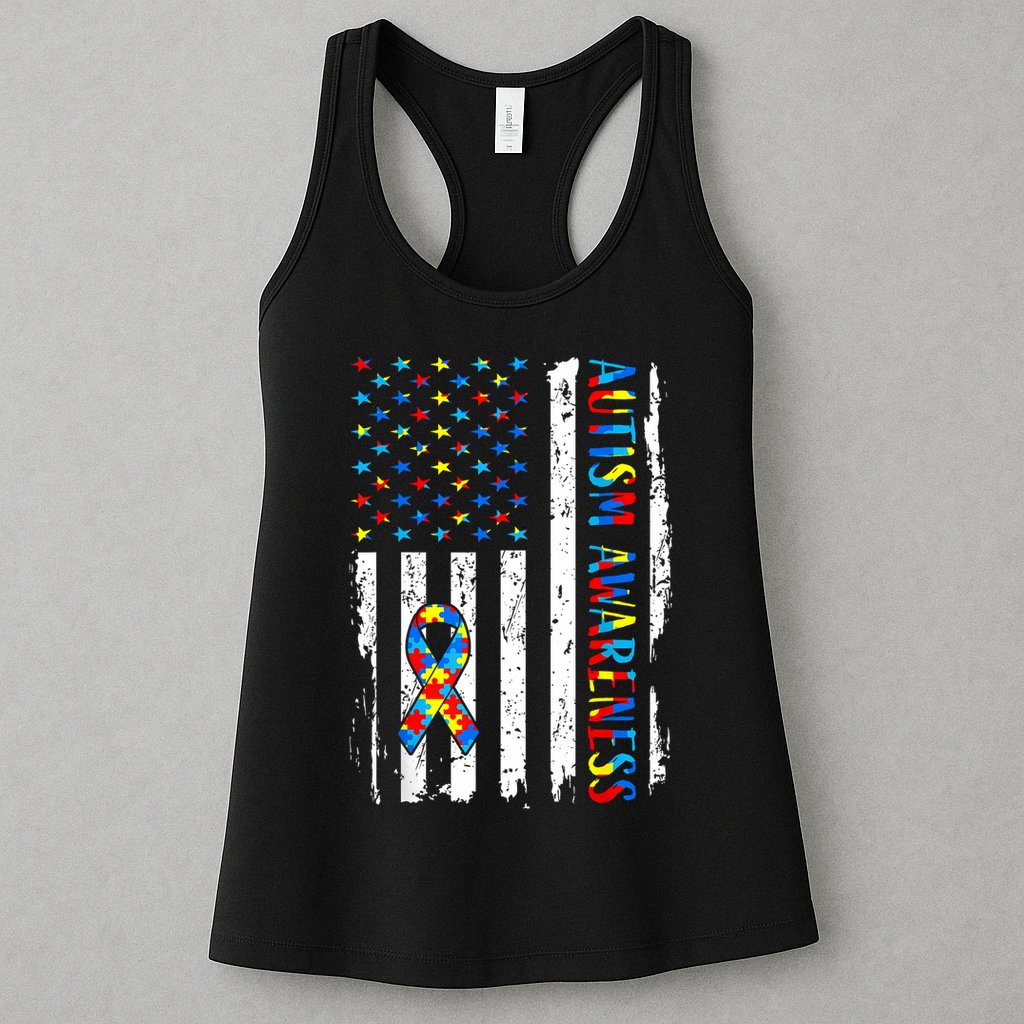 Autism Awareness Mom Dad USA flag Autistic Awareness Autism Womens Tank Top