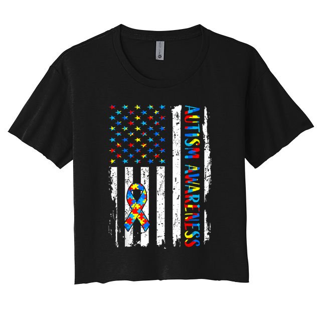 Autism Awareness Mom Dad USA flag Autistic Awareness Autism Women's Crop Top Tee