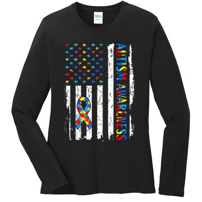 Autism Awareness Mom Dad USA flag Autistic Awareness Autism Ladies Long Sleeve Shirt