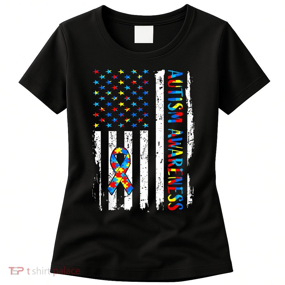 Autism Awareness Mom Dad USA flag Autistic Awareness Autism Womens T-Shirt