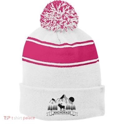 Anchorage Alaska Mountain Moose Gift Cool Anchorage Stripe Pom Pom Beanie