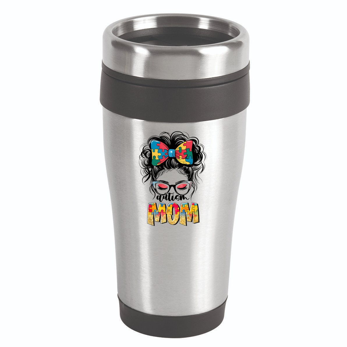 Autism Awareness Messy Bun Autism Mom Coquette Bow Puzzle 16oz Travel Tumbler