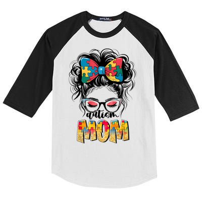 Autism Awareness Messy Bun Autism Mom Coquette Bow Puzzle Kids Colorblock Raglan Jersey