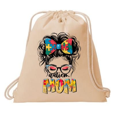 Autism Awareness Messy Bun Autism Mom Coquette Bow Puzzle Drawstring Bag