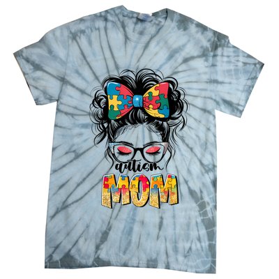 Autism Awareness Messy Bun Autism Mom Coquette Bow Puzzle Tie-Dye T-Shirt