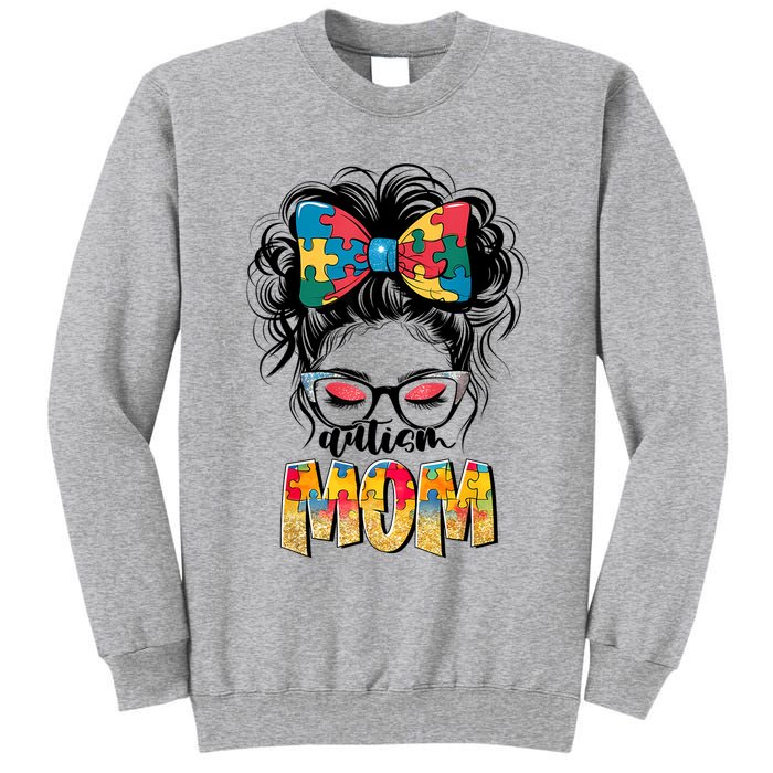 Autism Awareness Messy Bun Autism Mom Coquette Bow Puzzle Tall Sweatshirt