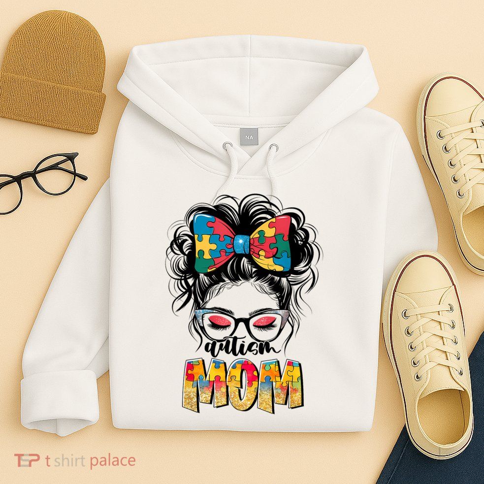 Autism Awareness Messy Bun Autism Mom Coquette Bow Puzzle Hoodie
