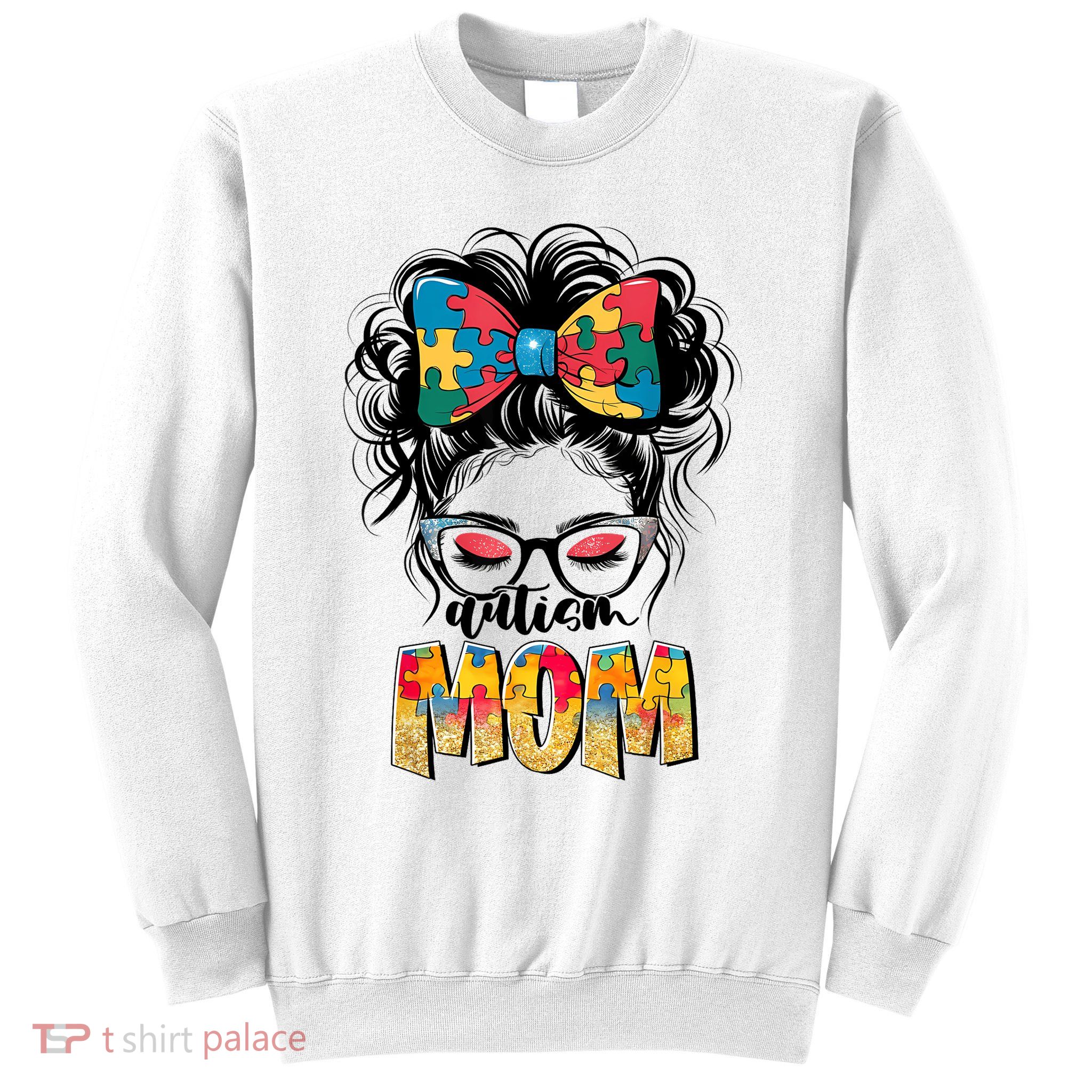 Autism Awareness Messy Bun Autism Mom Coquette Bow Puzzle Sweatshirt