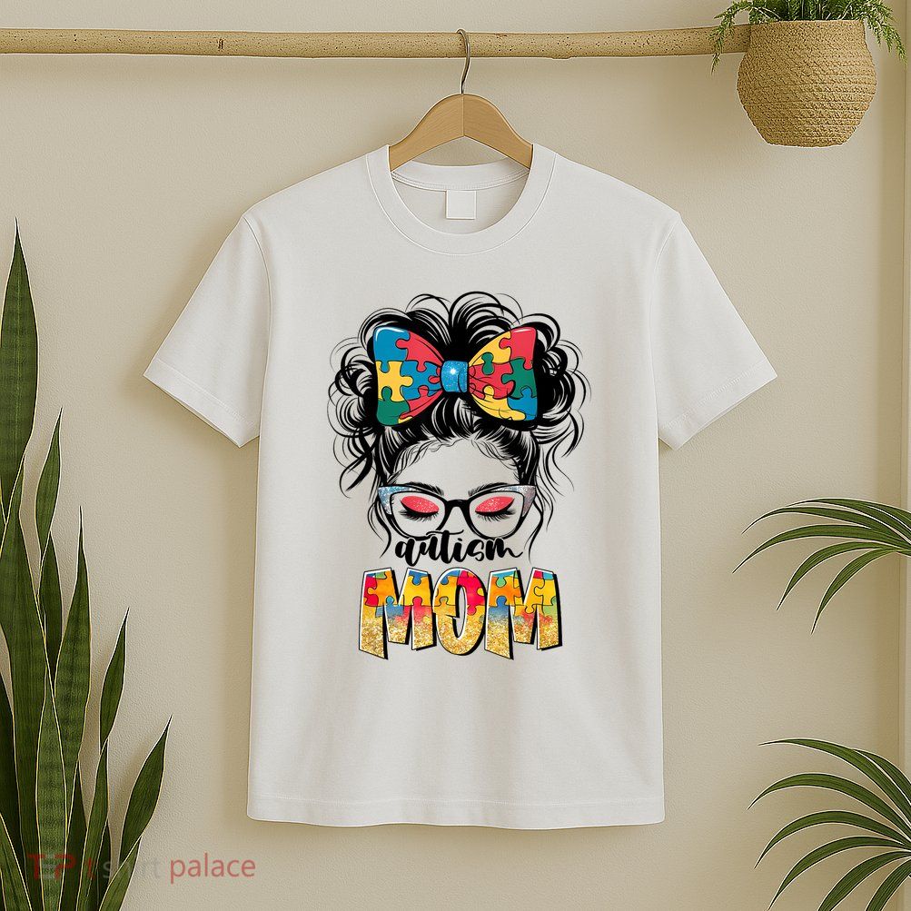 Autism Awareness Messy Bun Autism Mom Coquette Bow Puzzle T-Shirt